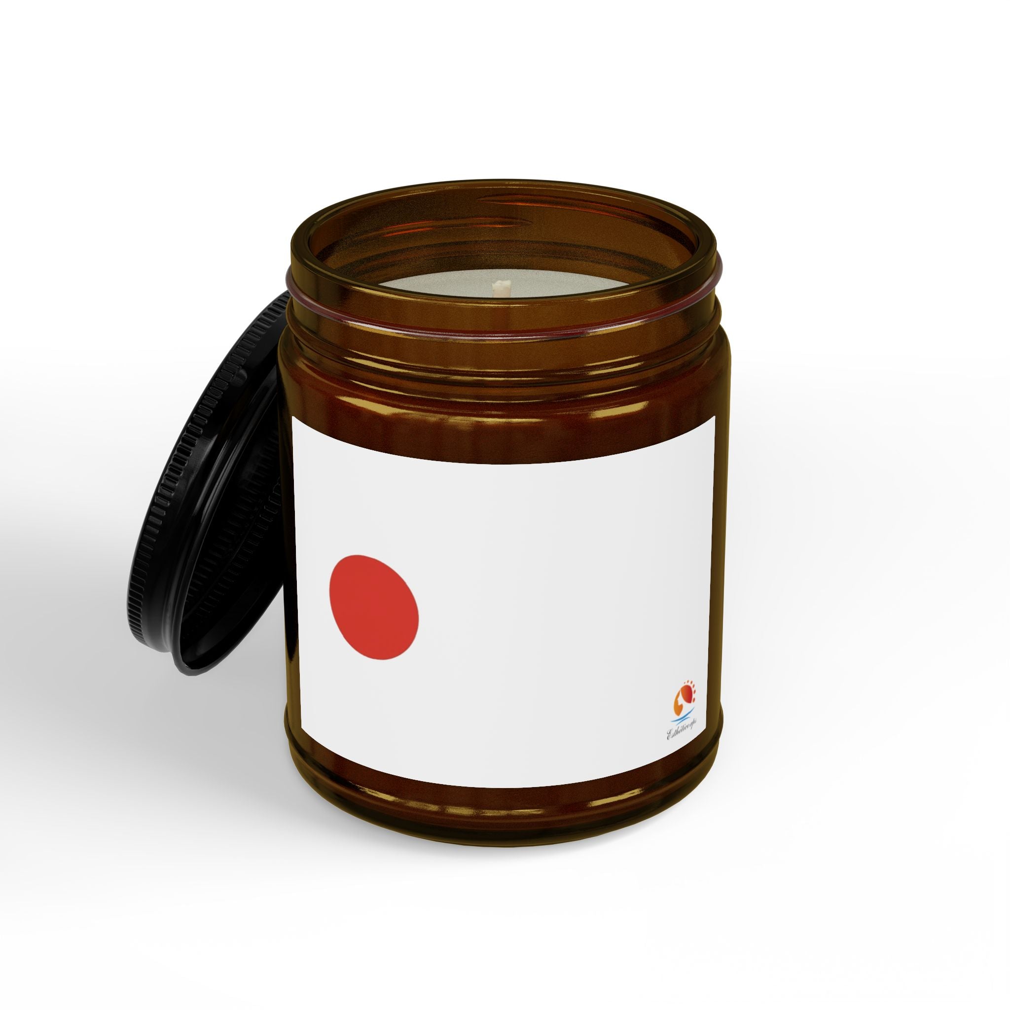 Minimalist Soy Candle (4oz & 9oz) — Amber Jar with Black Lid, Clean Red Dot Design, Scented Home & Gift